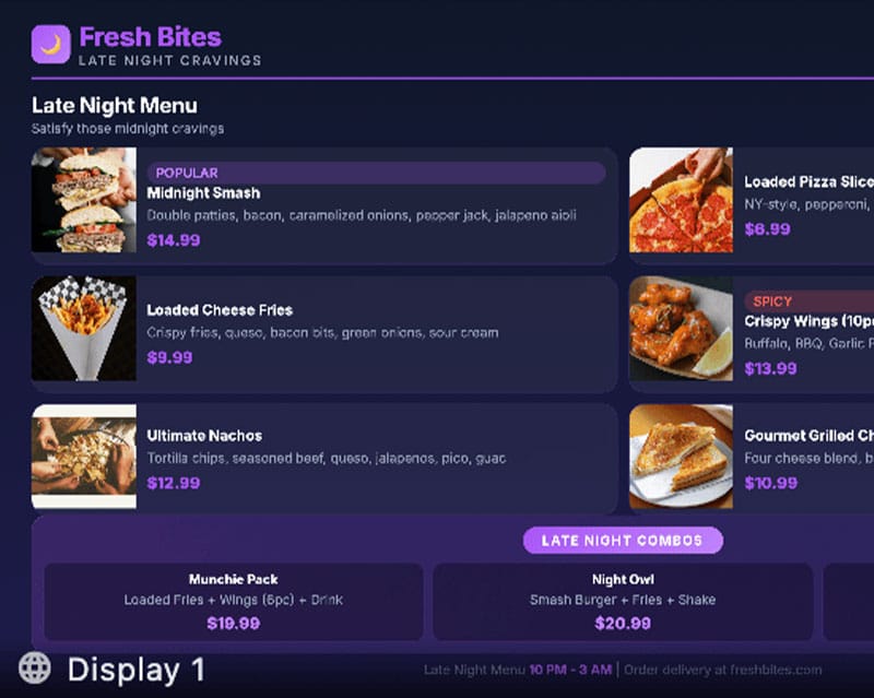A digital menu board mixing images and web content on a screen with FloSync